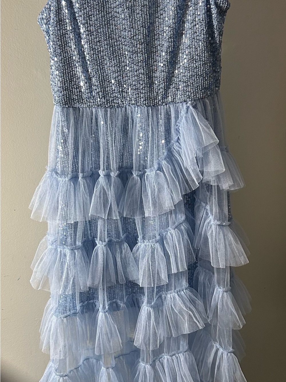 Rare Editions Light Blue Sequin Bodice with Tiered Tulle Ruffles Dress